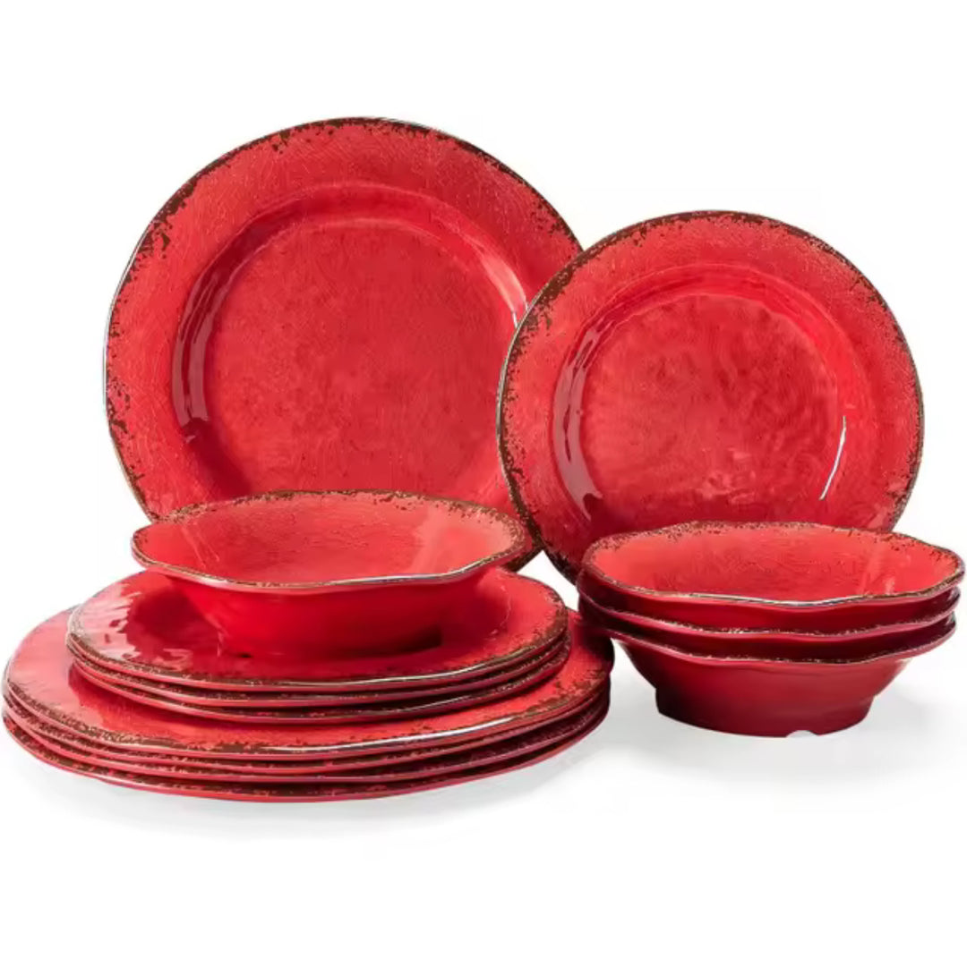 12 Piece Crackle Lightweight Melamine Dinnerware Set-Service for 4-Casa Dolce