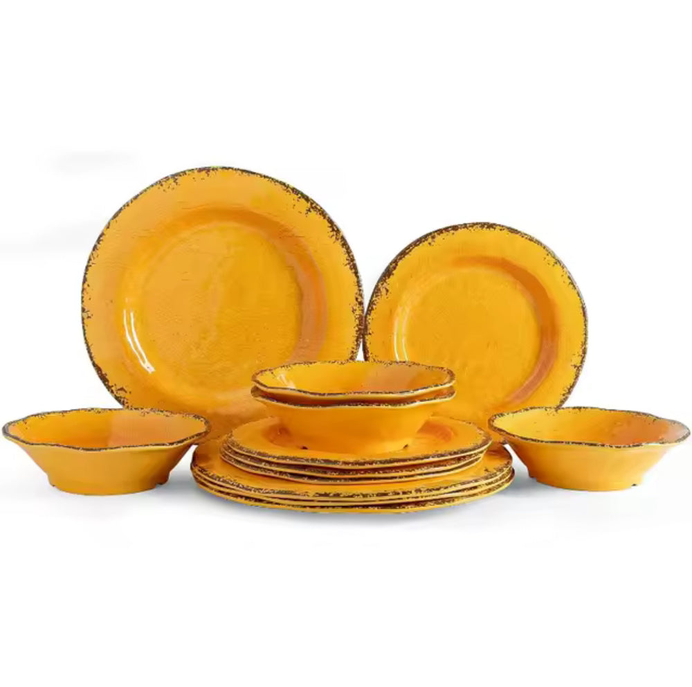12 Piece Crackle Lightweight Melamine Dinnerware Set-Service for 4-Casa Dolce