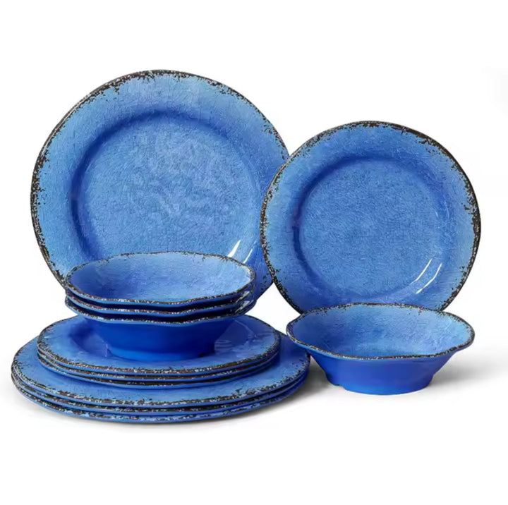 12 Piece Crackle Lightweight Melamine Dinnerware Set-Service for 4-Casa Dolce