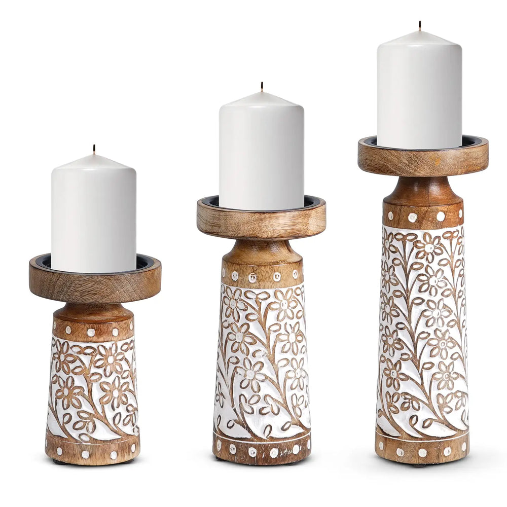 Artisan Hand Carved Crafted Thick Wood Candle Holders 3 Size-Casa Dolce