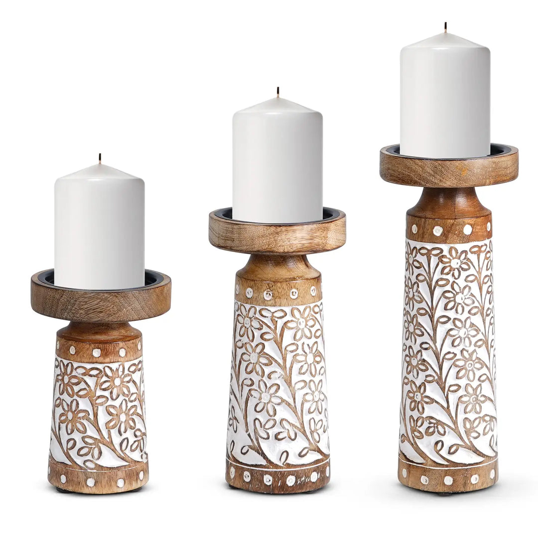 Artisan Hand Carved Crafted Thick Wood Candle Holders 3 Size-Casa Dolce