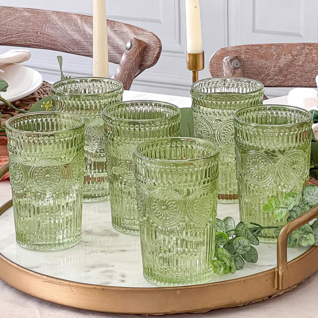 13 oz. Vintage Textured Sage Green Drinking Glasses (6 Pcs)-Casa Dolce