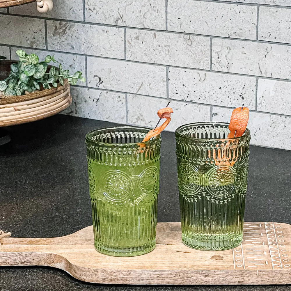 13 oz. Vintage Textured Sage Green Drinking Glasses (6 Pcs)-Casa Dolce