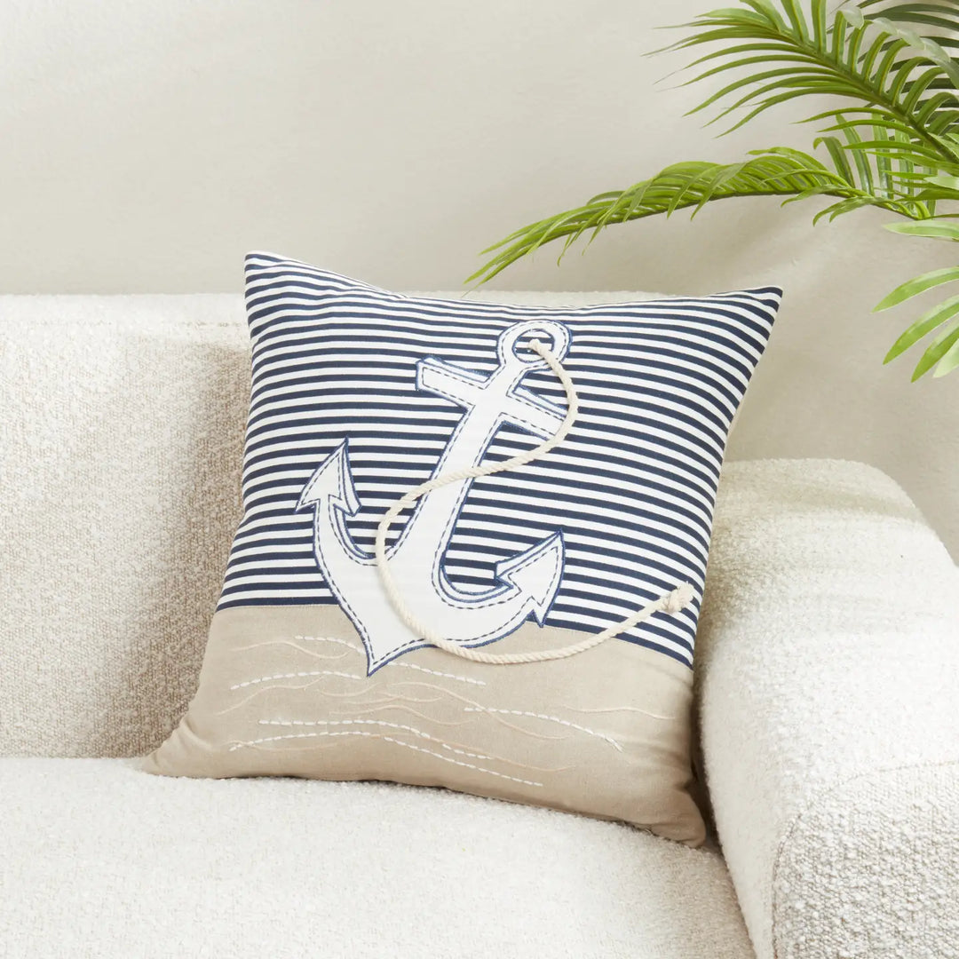 Coastal Embroidered Anchor Pillow-Casa Dolce