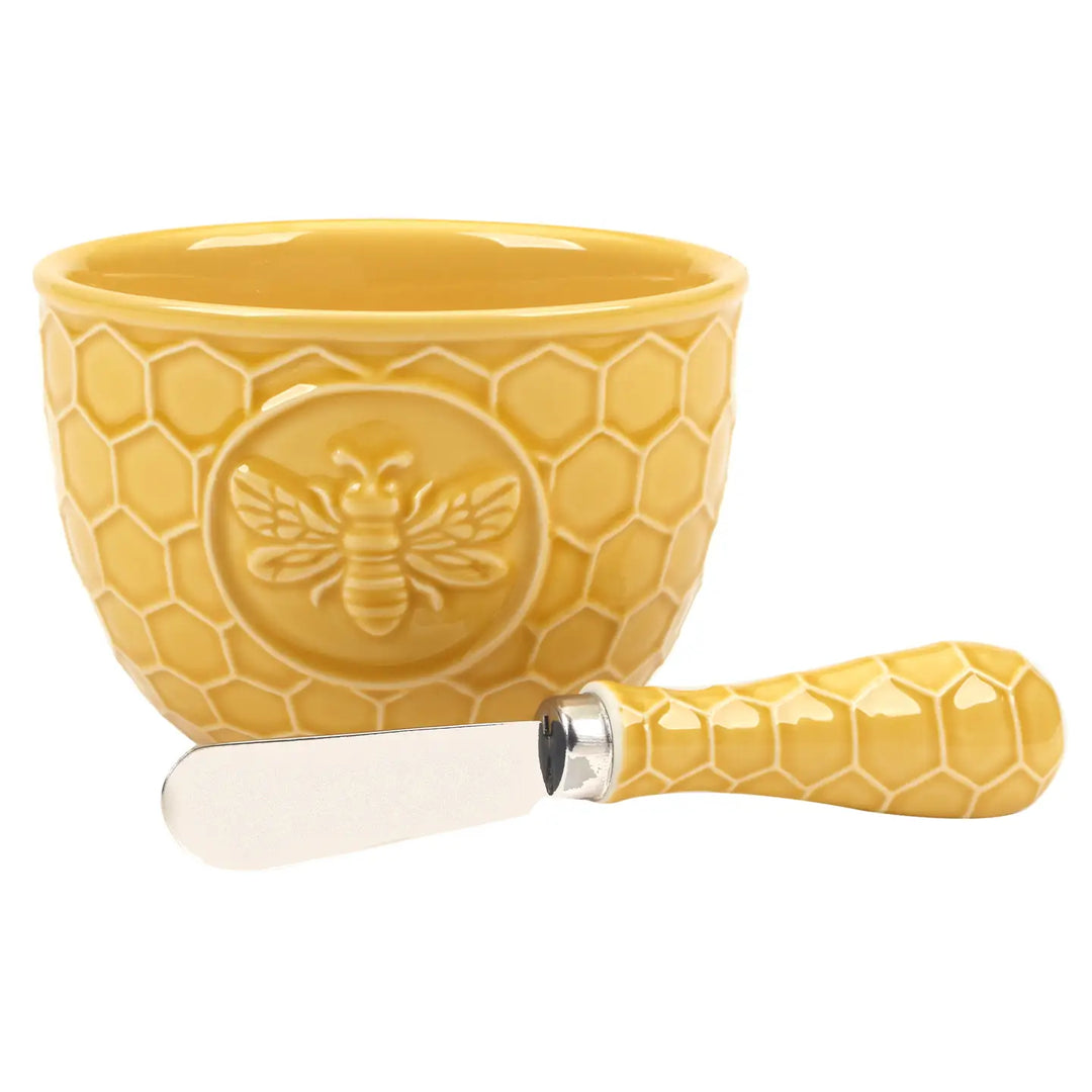 French Bees Embossed Honeycomb Dip Bowl W Spreader 4inx3-Casa Dolce